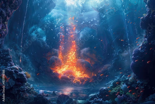 An underwater volcanic eruption creating bubbles and steam  with marine life around