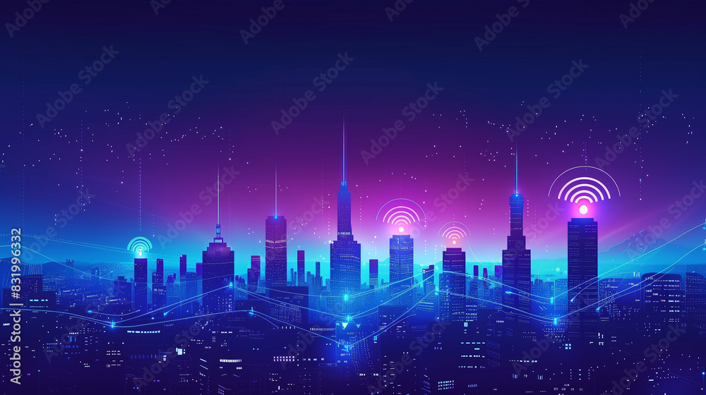 A city skyline with a lot of wifi signals. The city is lit up at night, creating a mood of excitement and connectivity A city skyline with a lot of wifi signals. The city is lit up at night, creating a mood of excitement and connectivity