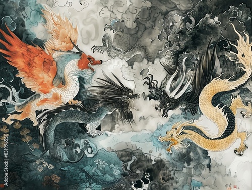 Produce a birds-eye view, philosophical debate with mythical creatures, capturing vivid details and contrasting styles of Eastern ink wash and Western oil painting photo