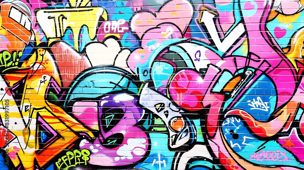 Fototapeta premium A graffiti wall with a melting pot of cultural symbols and vibrant hues
