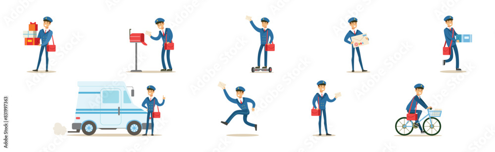 Postman Character Wear Cap and Uniform in Different Situation Vector Set