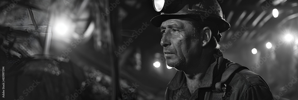  Miner in Coal Mine,
Silhouettes of construction workers walking in the back lit city