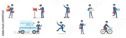 Postman Character Wear Cap and Uniform in Different Situation Vector Set