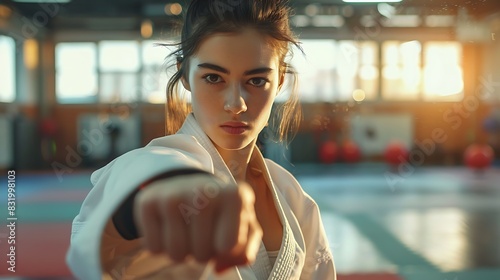 A young woman practicing martial arts in a dojo, symbolizing the dream of mastering a skill and achieving personal discipline and strength