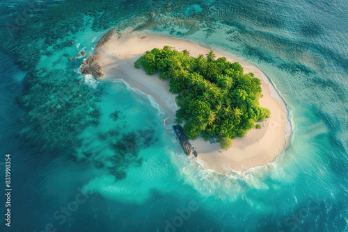 A pristine tropical island with white sand and turquoise waters viewed from above © Veniamin Kraskov