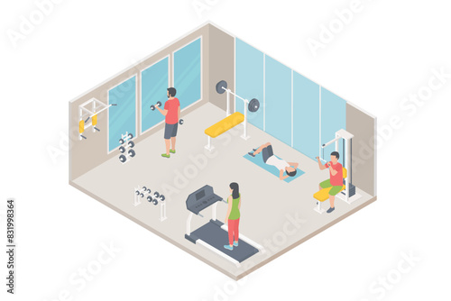 Fitness isometric composition with images of people working out inside sports hall with gym apparatus facilities vector illustration.
