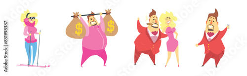 Fat Rich Millionaire Man in Red Suit with Money Vector Set