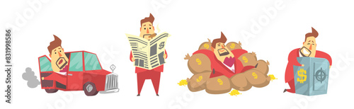 Fat Rich Millionaire Man in Red Suit with Money Vector Set