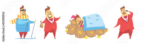 Fat Rich Millionaire Man in Red Suit with Money Vector Set