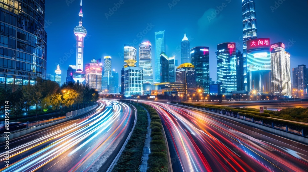 Fototapeta premium the light trails on the modern building background