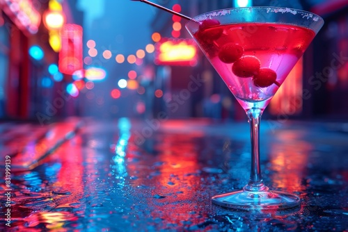 Vibrant cocktail with cherries in a stylish bar setting, featuring colorful bokeh lights in the background, capturing the essence of nightlife and celebration