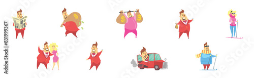 Fat Rich Millionaire Man in Red Suit with Money Vector Set
