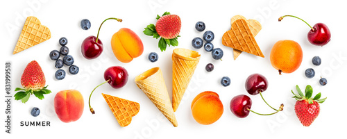 Waffle cone fruits berries hearts set isolated on white background.