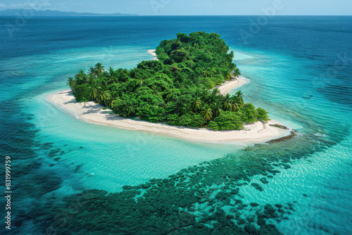 A pristine tropical island with white sand and turquoise waters viewed from above