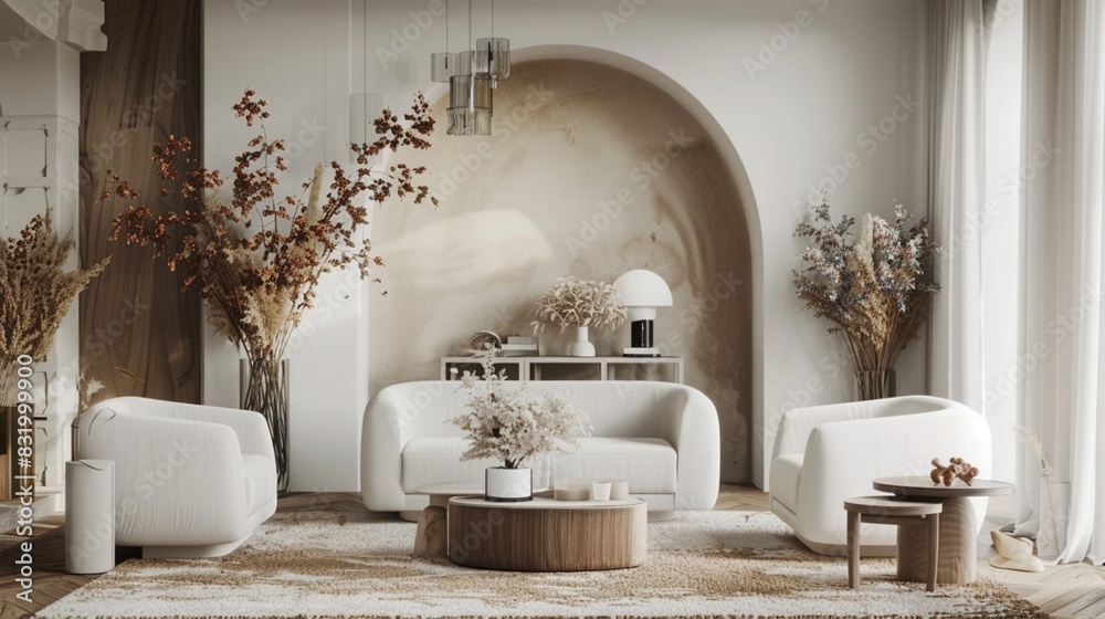 living room interior with modern furniture and green arch with beautiful dried flowers, white sofa and easy armchair living room interior with modern furniture and green arch with beautiful dried flowers, white sofa and easy armchair