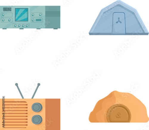 Collection of flat design icons featuring oldfashioned radio, boombox, bread, and a camping tent