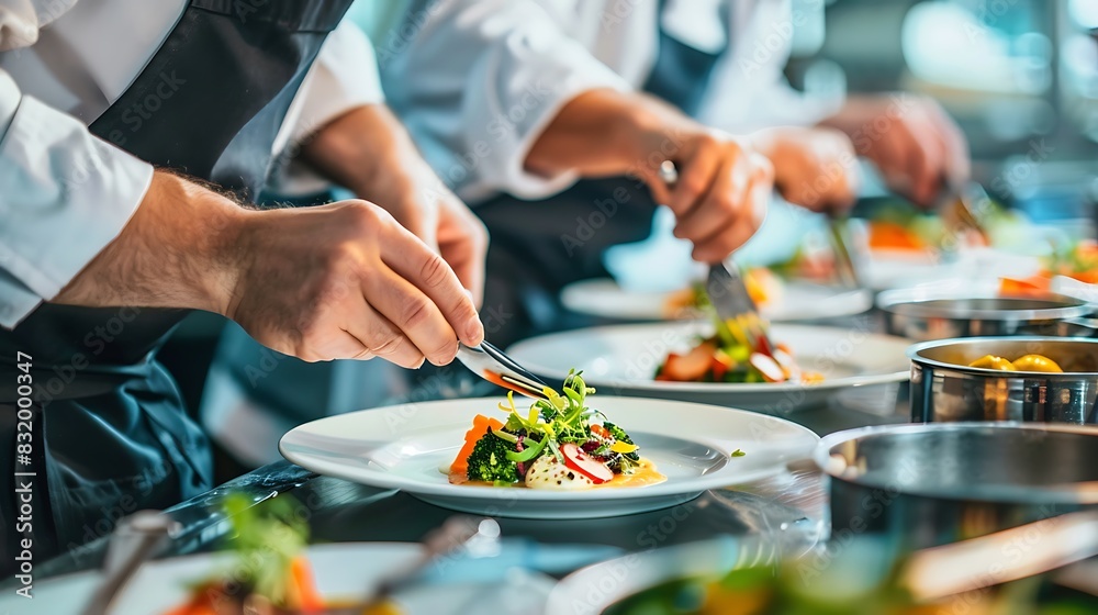 A chef presenting a dish to a panel of judges, representing the aspiration to achieve culinary excellence and recognition A chef presenting a dish to a panel of judges, representing the aspiration to achieve culinary excellence and recognition