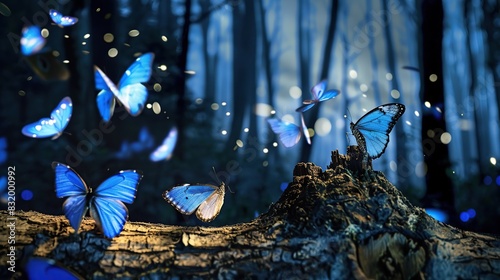 Enchanted Twiligt, Forest Alive with Illuminated Butterflies and Fallen Trunk. Generative Ai photo