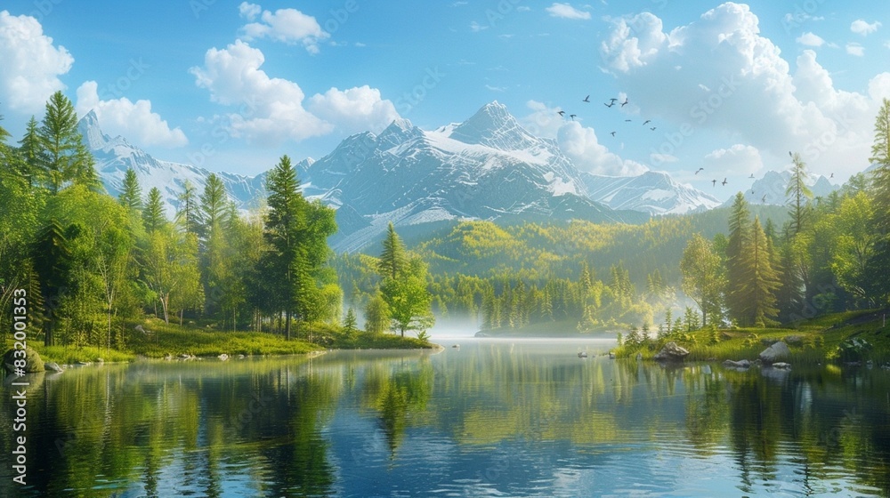 A beautiful landscape of a lake and forest, with a mountain and sky in the background.