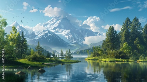 A beautiful landscape of a lake and forest  with a mountain and sky in the background.