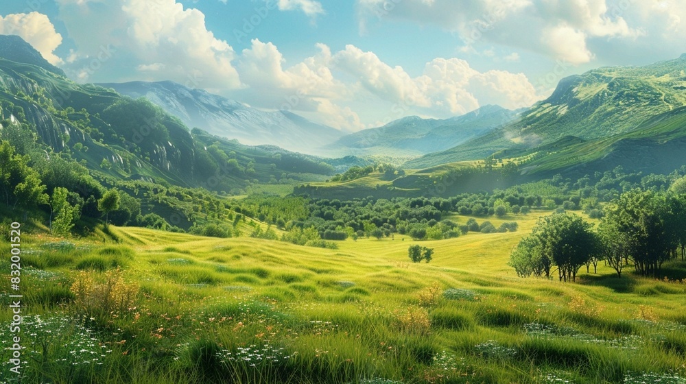 A beautiful landscape of a valley with green grass and trees, surrounded by mountains.