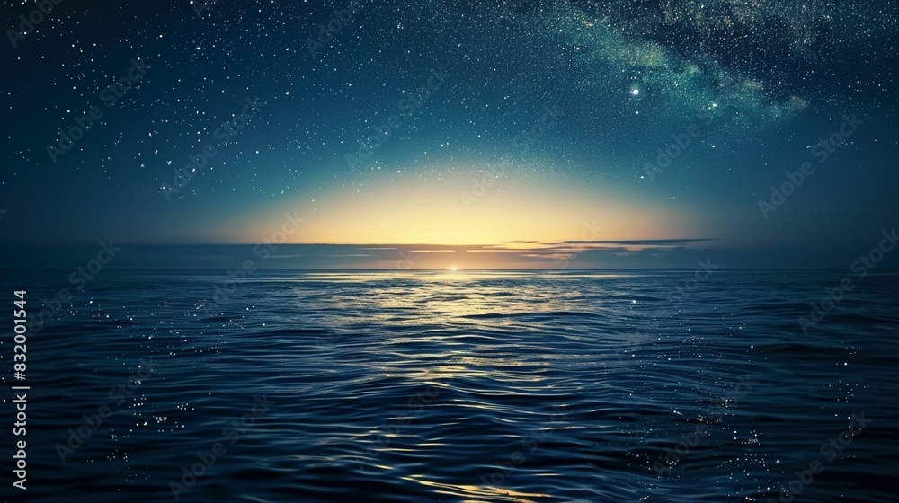 A beautiful night sky with stars shining above a calm sea.