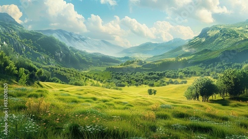 A beautiful landscape of a valley with green grass and trees  surrounded by mountains.