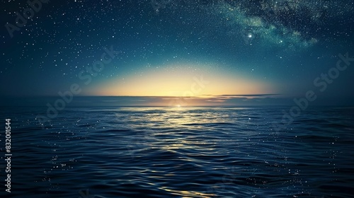 A beautiful night sky with stars shining above a calm sea.