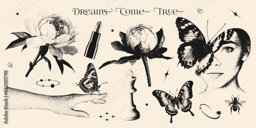 Retro collection of photocopy halftone elements in Y2K aesthetic. Peonies, butterflies, face, hand, lipstick, chessman and abstract shapes with grain effect and stippling. Vector dots illustration.