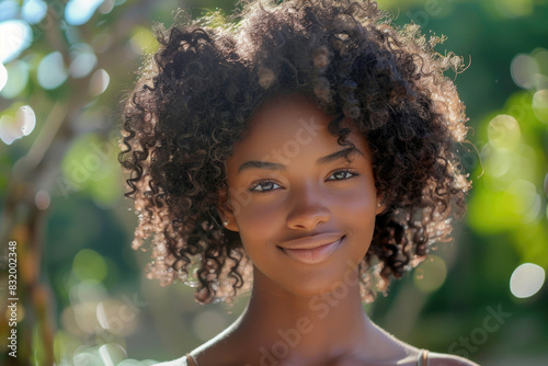 Radiant young African American girl with curly hair, grinning at the camera under the sun