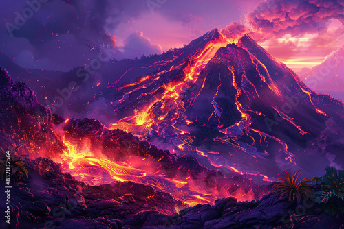 Molten lava flowing down the side of a volcano during an eruption