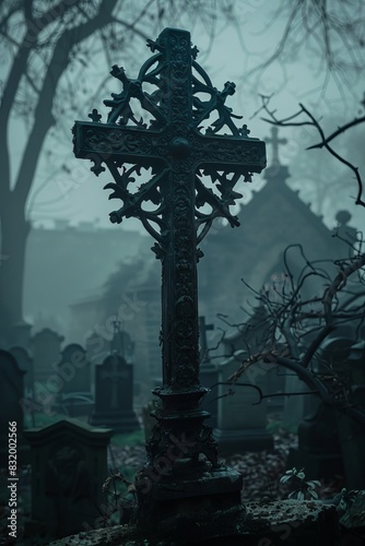 Ornate Cross in Misty Old Graveyard
 photo