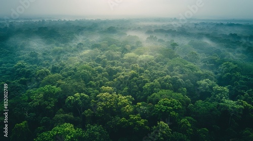 A dense forest of green trees stretches to the horizon. The sky is gray and foggy.