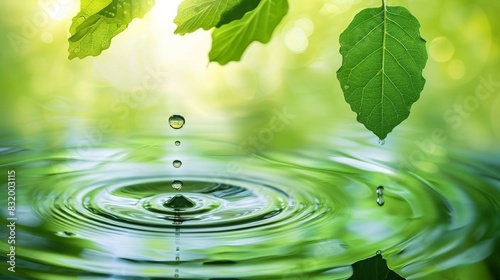 A droplet falls from a leaf into the water  creating ripples. The background is hazy and the leaf is green.