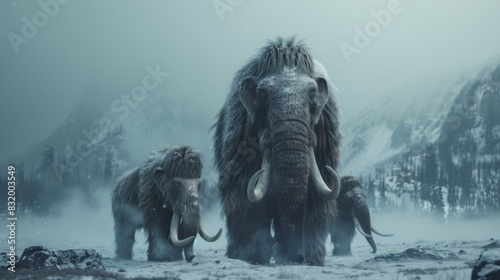 A serene moment captured as a family of woolly mammoths traverses a snowy tundra, their shaggy coats providing insulation against the biting cold. photo