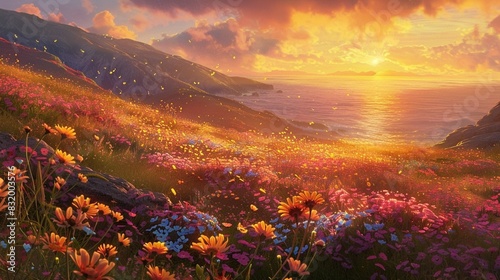 A field of flowers on a hillside overlooking the ocean during sunset.