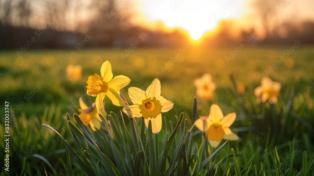a field with green grass and yellow flowers, possibly daffodils, with the sun setting in the background.