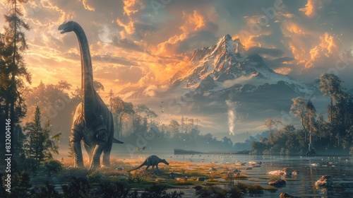 A panoramic view of a vast, mist-covered landscape dotted with ancient volcanoes, where mighty sauropods graze peacefully. photo