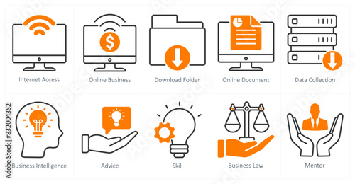 A set of 10 business and office icons as internet access, online business, download folder