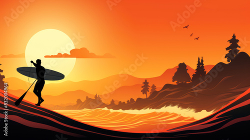 generated illustration of a surfer's silhouette against a vibrant sunset, highlighting the sport on International Surfing Day. © seanzheng