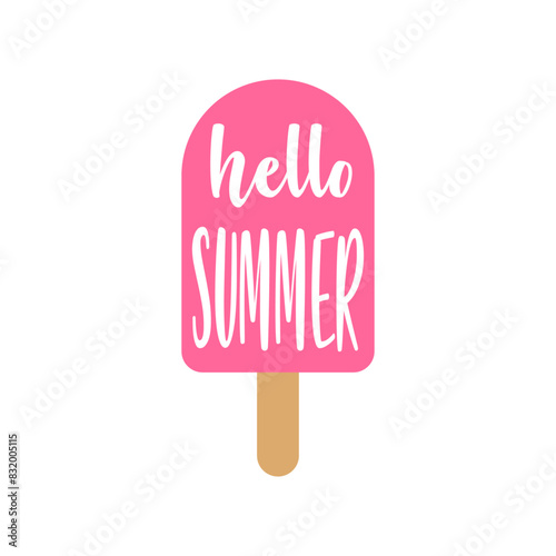 Logo popsicle. Texto manuscrito Hello Summer en silueta de helado de paleta