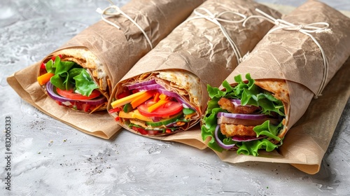 Organic wraps and sandwiches in biodegradable paper packaging, neatly arranged, colorful fillings visible, isolated background, studio lighting photo