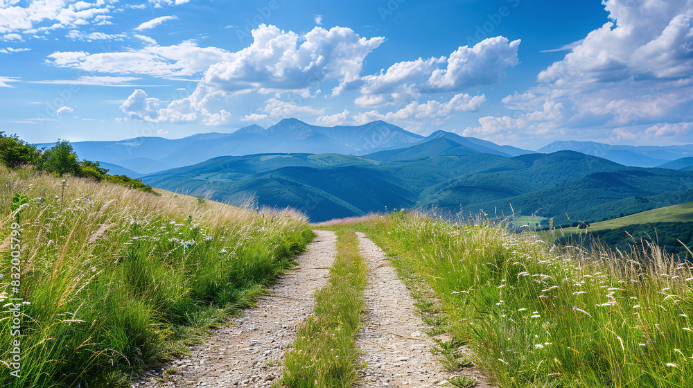 Landscape view of the mountains and path Landscape view of the mountains and path