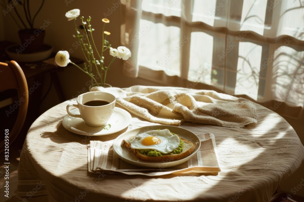 Homemade simple breakfast on kitchen table,coffee cup and fried eggs, microgreens and some strawberry, flowers of lilac, elevated luxurious morning everyday routine, closeup photo, AI generated image Homemade simple breakfast on kitchen table,coffee cup and fried eggs, microgreens and some strawberry, flowers of lilac, elevated luxurious morning everyday routine, closeup photo, AI generated image