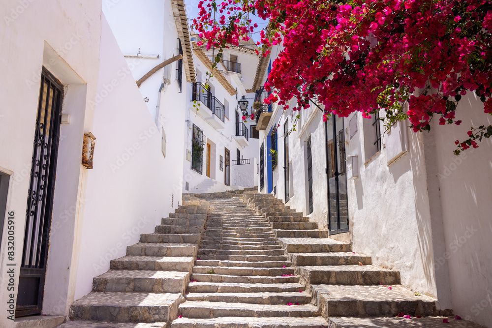 Photo taken in the city of Altea in Spain showing typical Spanish steps with a beautiful red flowering bush and tree hanging over the stairs in the Spanish town