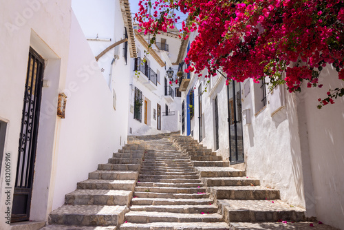 Obraz na płótnie Photo taken in the city of Altea in Spain showing typical Spanish steps with a beautiful red flowering bush and tree hanging over the stairs in the Spanish town w salonie