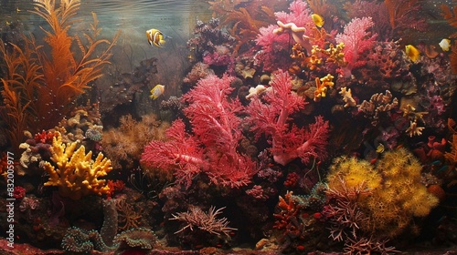 A red coral is in the foreground  with other varieties of coral and sea plants around it. Small yellow fish swim around the corals.