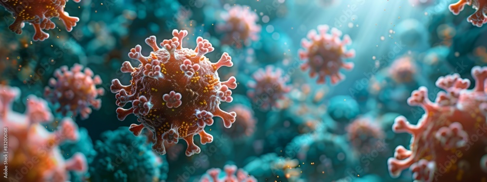 Fototapeta premium A high-resolution micrograph of virus particle with the spherical core and spiky protein envelope clearly visible