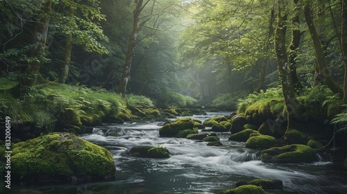 A river flows through a lush forest, with moss-covered rocks and trees surrounding it.