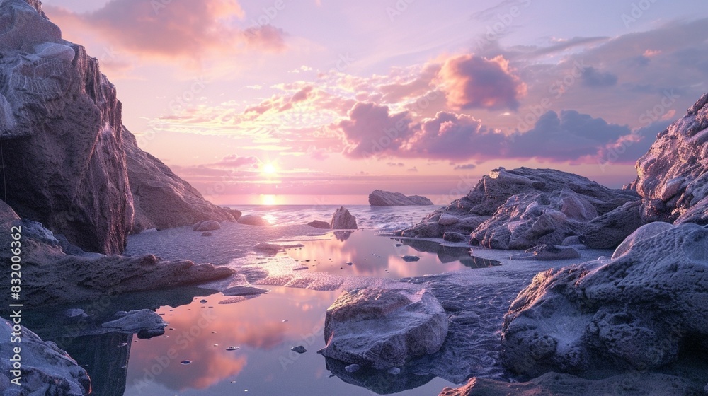 A rocky beach at sunset with a pool of water between the rocks.